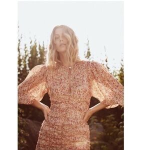 byTiMo Chiffon Ruched Mini Dress Sheer Flowers Small Orange Floral